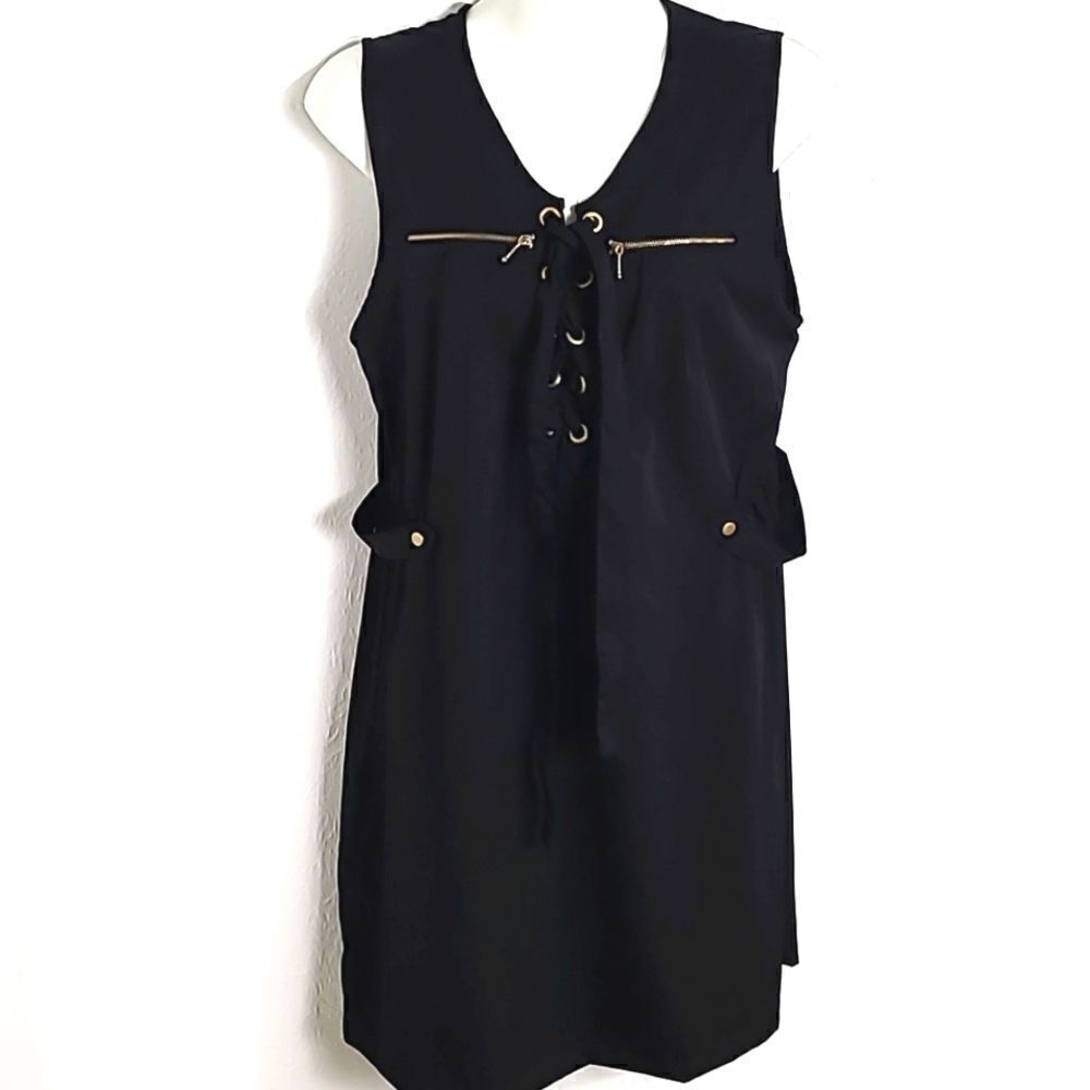 Eighty.Eight Black Sleeveless Mini-Dress, Lace-up Front, Gold Zippers,Size Large
